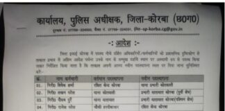 कोरबा पुलिस मे फिर फेरबदल.. 6 टीआई समेत 15 बदले